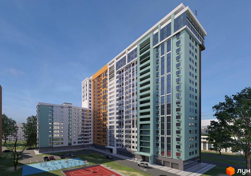 Зображення фасаду багатоповерхового будинку в Житловому комплексі Sea Town. На передньому плані спортивний майданчик.