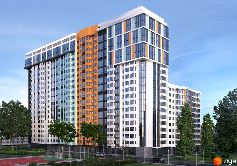 Зображення багатоповерхового будинку в Житловому комплексі Sea Town. Навколо будинку зелені насадження та облаштована територія.