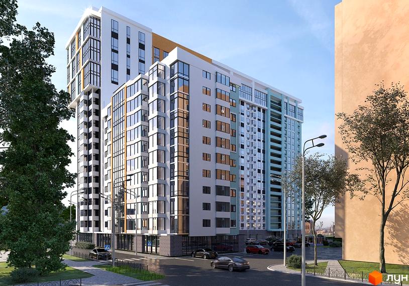 Високоповерхова новобудова з великою кількістю скляних фасадів та прибудинковою територією з паркуванням. ЖК Sea Town - ідеальний вибір для комфортного життя.