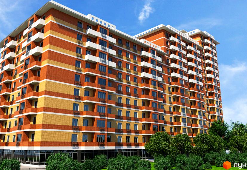 Багатоповерховий житловий комплекс на вулиці Євгена Коновальця (Щорса), 36е, з цегляним фасадом та балконами. Навколо будинку зелені дерева та газон.