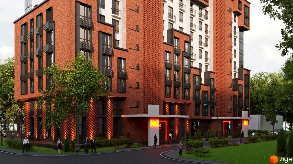 Житловий комплекс Love з фасадом з червоної цегли, чорними балконами та яскравим освітленням вхідної групи. Прибудинкова територія озеленена.