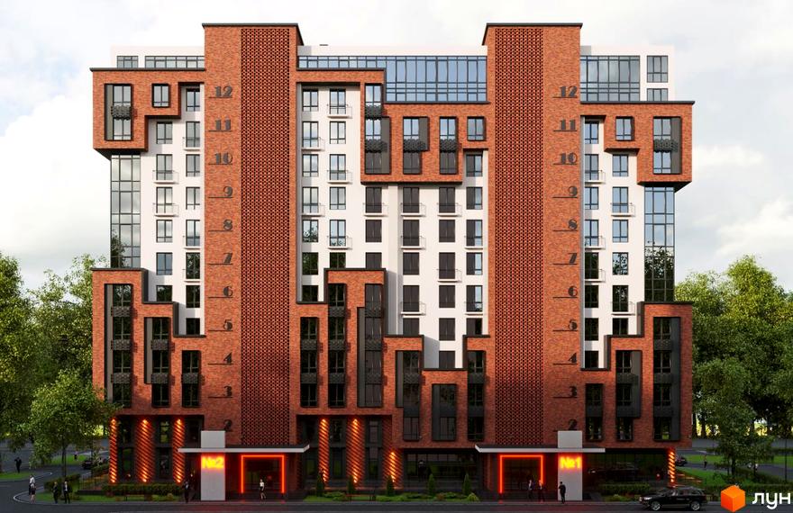 Фасад Житлового комплексу Love з цегляними та білими секціями, великими вікнами та входами №1, №2. Навколо будинку зелені дерева.