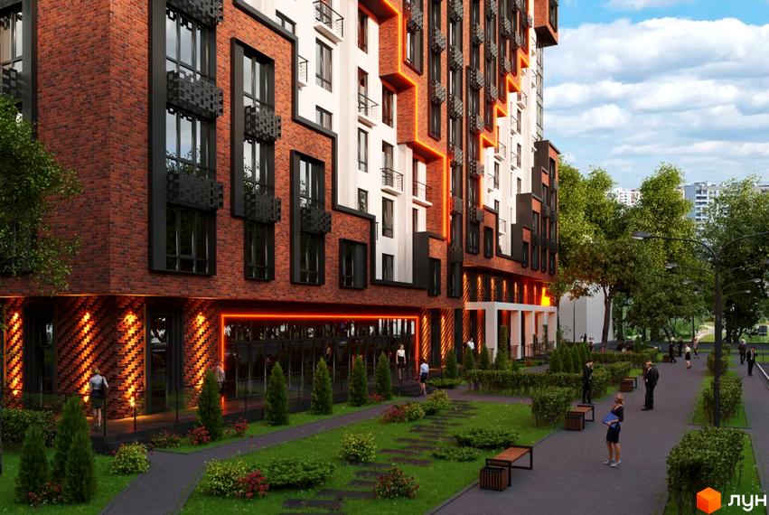 Фасад Житлового комплексу Love виконаний з червоної цегли з чорними віконними рамами та помаранчевою підсвіткою. Прибудинкова територія має зелені газони, доріжки та лавки.