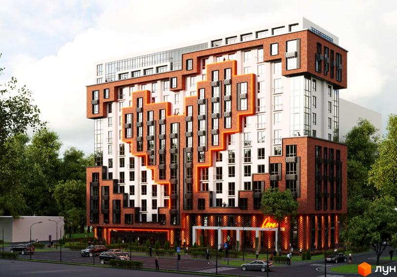 Житловий комплекс Love – це багатоповерхова новобудова з цегляним фасадом та оригінальним дизайном, розташована серед дерев. Навколо комплексу облаштована прибудинкова територія з дорогою та автомобілями.