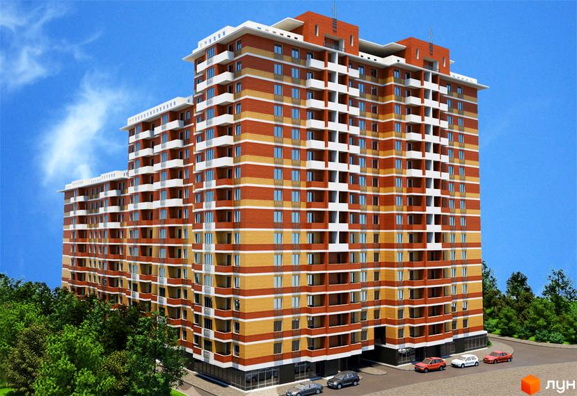 Багатоповерховий житловий комплекс з цегляним фасадом та білими балконами. Навколо будинку зелені дерева та припарковані автомобілі.