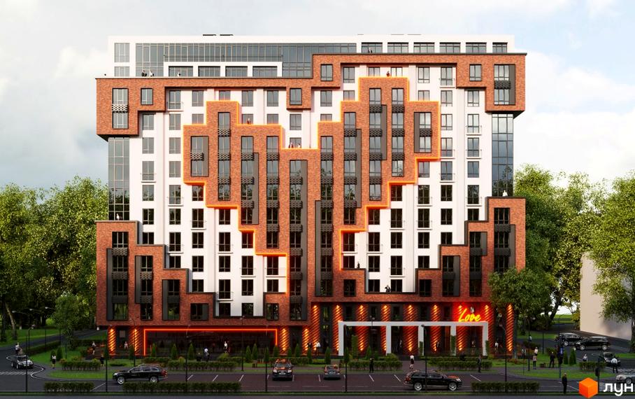 Багатоповерховий будинок Житлового комплексу Love з цегляним та білим фасадом зі ступінчастим візерунком. Прибудинкова територія має зелені насадження, дорогу з автомобілями та пішохідні зони.