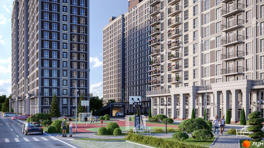 Зовнішній вигляд будинків ЖК Nova England з фасадами з цегли та балконами. Прибудинкова територія з баскетбольним майданчиком, футбольним полем та зонами відпочинку.