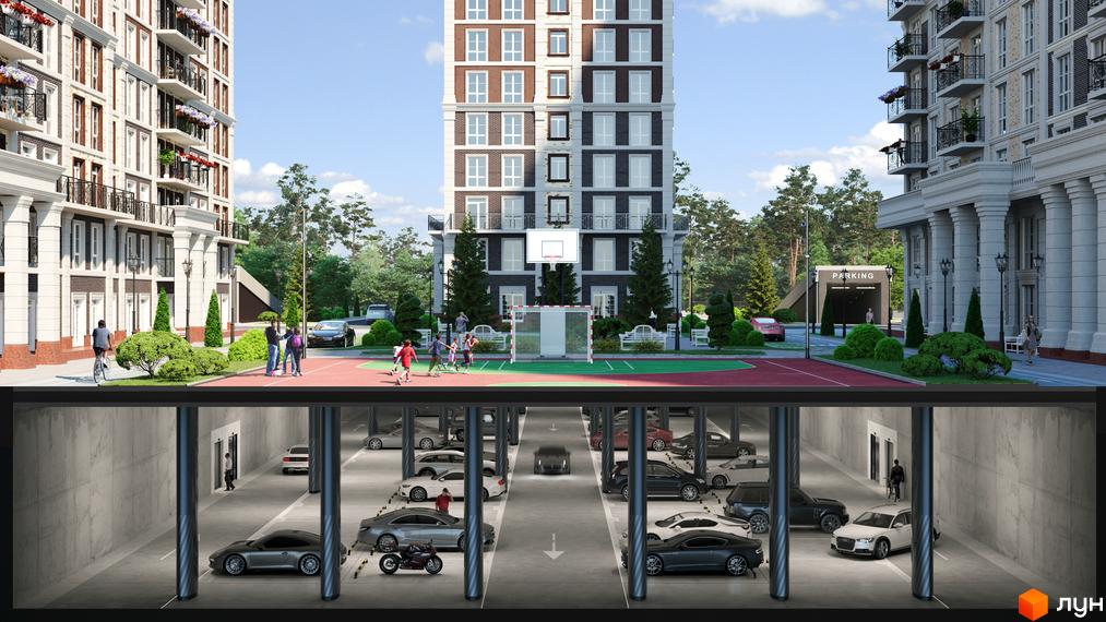 Житловий комплекс Нова Англія. Фасади будинків з колонами та балконами, спортивний майданчик з дітьми та підземний паркінг з автомобілями.