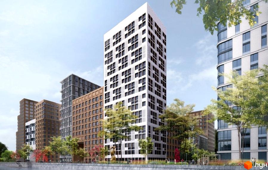 Зображення житлового комплексу по вулиці Жмеринська, 5. На фото висотні будинки з великою кількістю вікон та зелені на прибудинковій території.