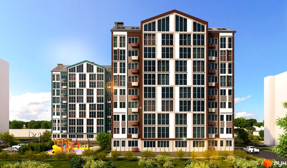 Житловий комплекс Простір: багатоповерхові будинки з панорамними вікнами та дитячим майданчиком на прибудинковій території.