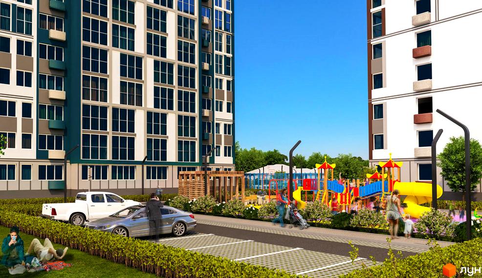 Житловий комплекс Простір: фасади будівель з панорамними вікнами та дитячий майданчик з яскравими гірками.