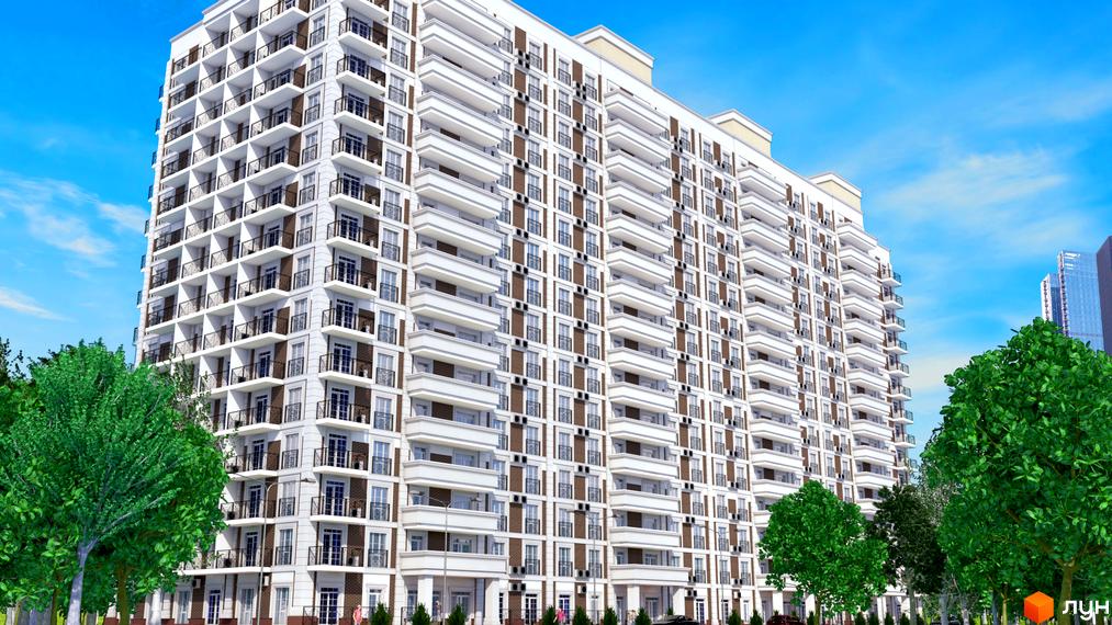 Житловий комплекс London: багатоповерховий будинок білого кольору з балконами, оточений зеленими деревами.