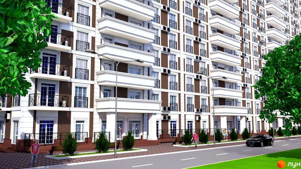 Житловий комплекс London: багатоповерховий будинок з коричневої цегли та білими балконами, прибудинкова територія з зеленню та доріжками.