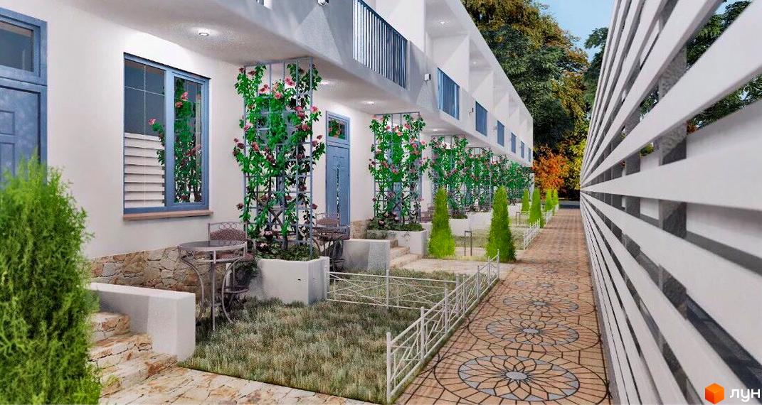 Зовнішній вигляд таунхаусів „Романтичний“ з прибудинковою територією. На подвір'ї висаджені декоративні рослини.