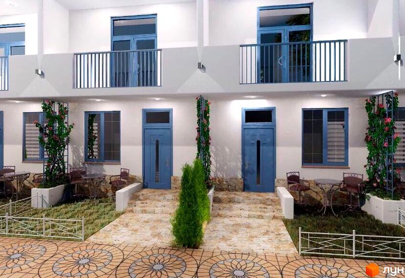 Зображення сторінки житлового комплексу. Таунхауси «Романтичний» з синіми дверима та вікнами, балконами з кованими огорожами, терасами з меблями та доріжками з декоративною плиткою.