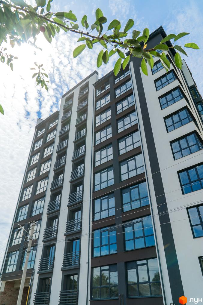 Висотна новобудова ЖК Franko Smart House з панорамними вікнами та балконами. На передньому плані гілки з листям на фоні блакитного неба.