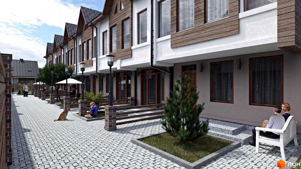 Зображення таунхаусів New Smart 2. Фасад будинку з дерев'яним оздобленням та прибудинкова територія з ландшафтним дизайном.