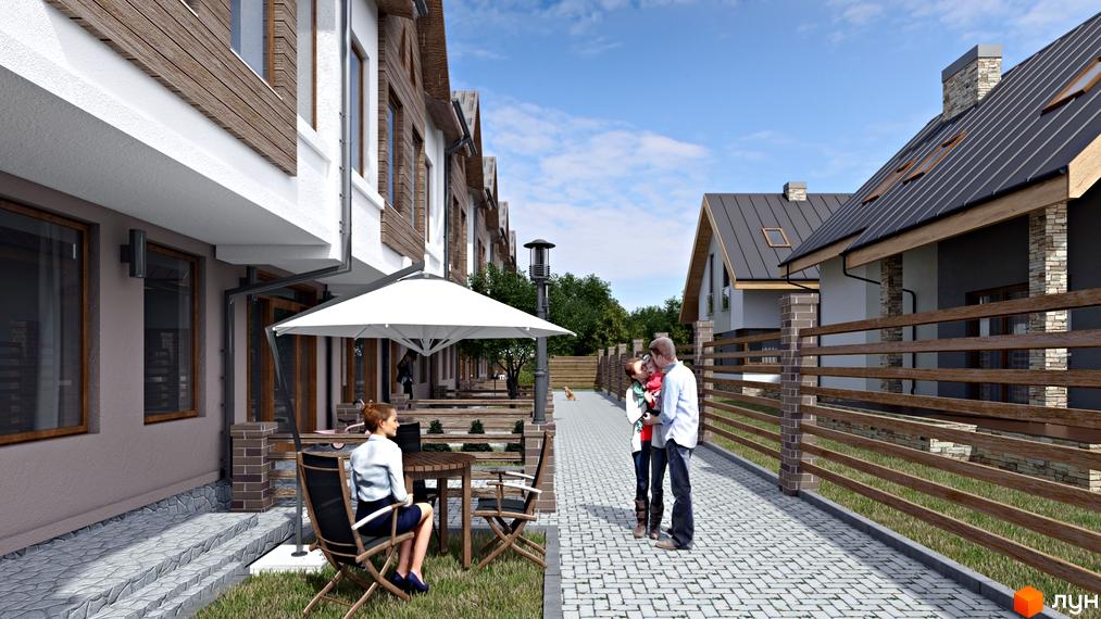 Зображення сторінки житлового комплексу Таунхауси New Smart 2. Двоповерхові будинки з дерев'яним оздобленням фасаду та бруківкою біля будинку.