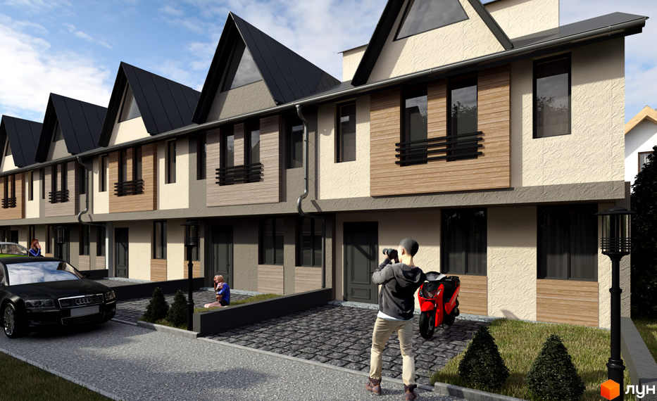 Таунхауси New Smart 1 з фасадами в стилі мінімалізм та прибудинковою територією з бруківкою. Зовнішній вигляд новобудови з темним дахом та дерев'яними елементами.