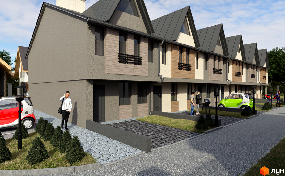 Зовнішній вигляд таунхаусів New Smart 1 з сірим фасадом та дерев'яними елементами. Прибудинкова територія з зеленими насадженнями та автомобілями.