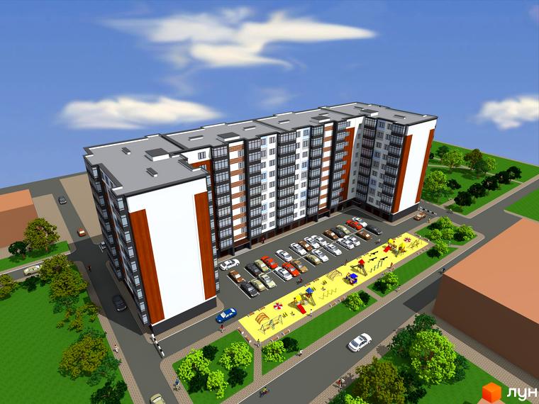 Зображення Житлового комплексу Квартал Карпатський з виглядом на багатоповерховий будинок та дитячий майданчик.