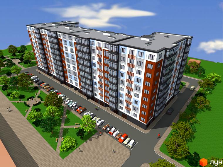 Висотна новобудова ЖК Квартал Карпатський з панорамними вікнами та парковкою, поруч зелена зона з деревами та лавками для відпочинку.