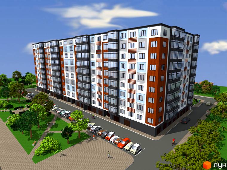 Висотна новобудова ЖК Квартал Карпатський з панорамними вікнами та парковкою, зелена прибудинкова територія з деревами та газонами.