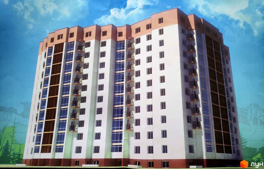 Зображення багатоповерхового будинку по вул. Плоска, 23/1. Фасад будівлі, вікна та балкони, прибудинкова територія з деревами.