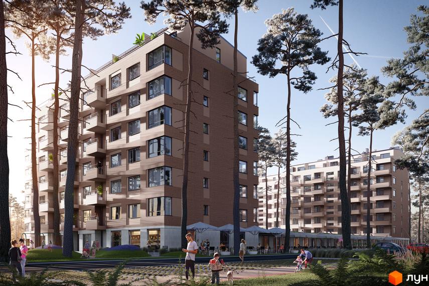 Житловий комплекс Wellness Park з цегляним фасадом та балконами, оточений високими соснами. На прибудинковій території люди відпочивають біля кафе.