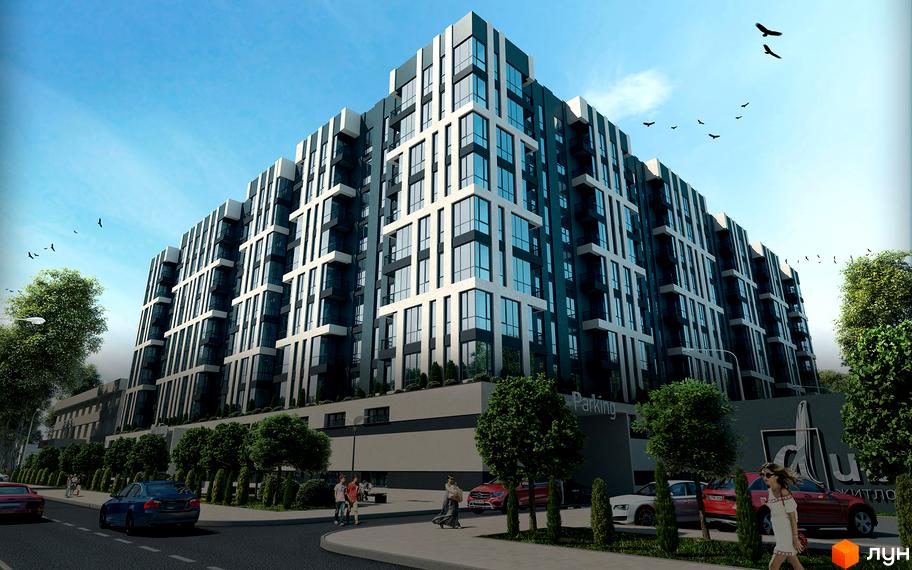 Зображення фасаду Житлового комплексу Dubinina з великими вікнами та прибудинковою територією з деревами і припаркованими автомобілями.