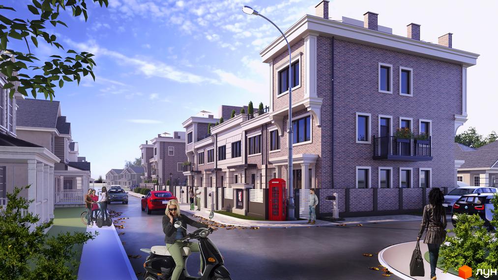 Таунхауси Liverpool House з цегляним фасадом та акуратним подвір'ям. Зображення вулиці з будинками, машинами та людьми.