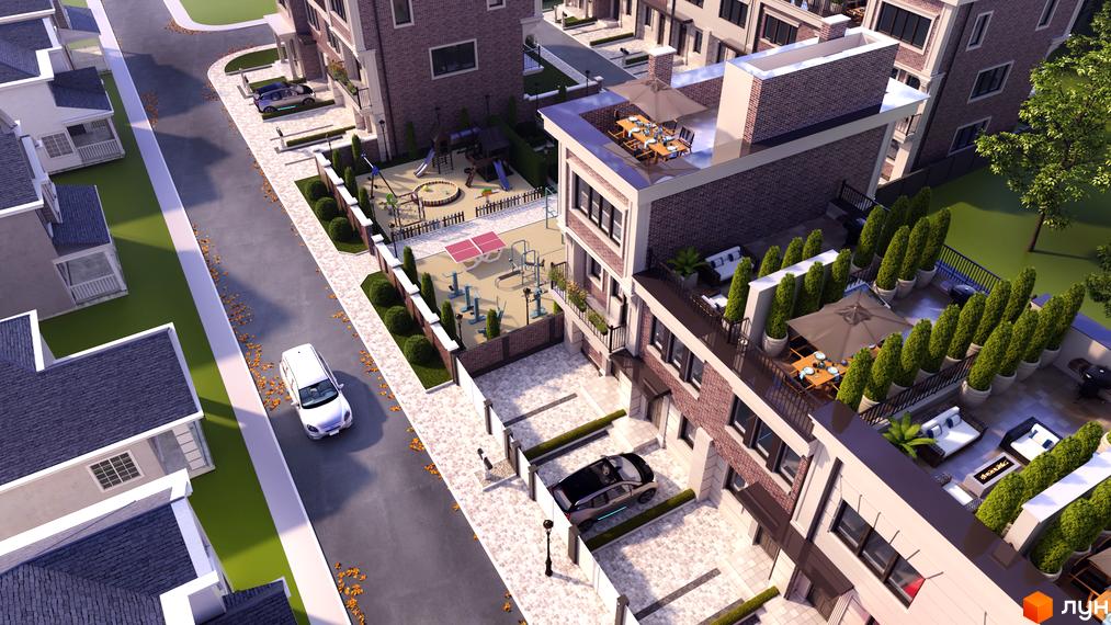 Таунхауси Liverpool House з прибудинковою територією, дитячим майданчиком та зонами відпочинку. Зовнішній вигляд будинків та ландшафтний дизайн території.