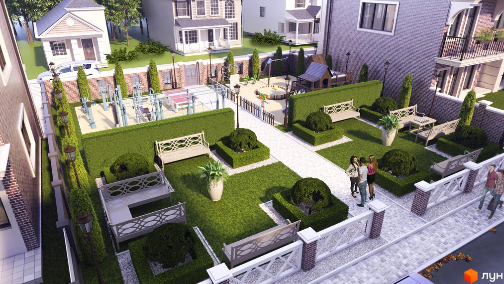 Таунхауси Liverpool House з зеленою прибудинковою територією, дитячим майданчиком та зонами відпочинку. Фото новобудови.