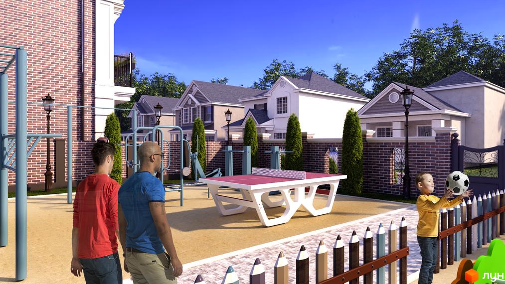 Таунхауси Liverpool House з дитячим майданчиком та зоною для відпочинку. На зображенні видно сучасні будинки та зелену територію.