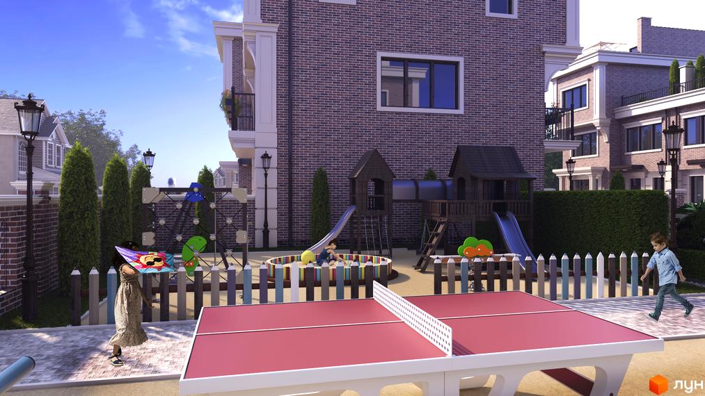 Таунхауси Liverpool House з цегляним фасадом та дитячим майданчиком із гіркою, пісочницею та настільним тенісом. Зелена територія з деревами та кущами.