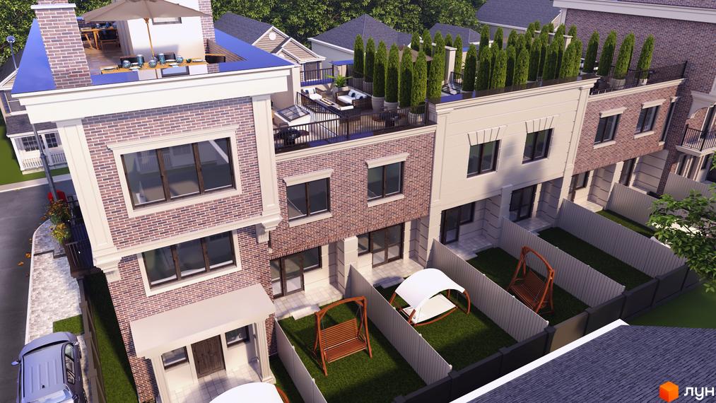 Таунхауси Liverpool House з цегляним фасадом та терасами на даху. Прибудинкова територія з зеленими газонами та зонами відпочинку.