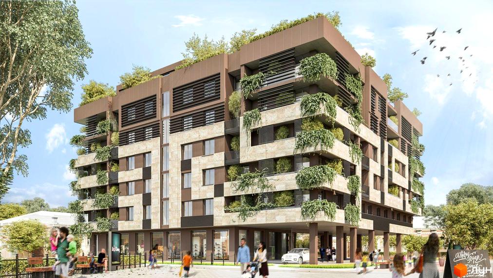 Новобудова Пространство на Кузнечной з кам'яним фасадом та зеленню на балконах. Поруч розташована прибудинкова територія з людьми та деревами.