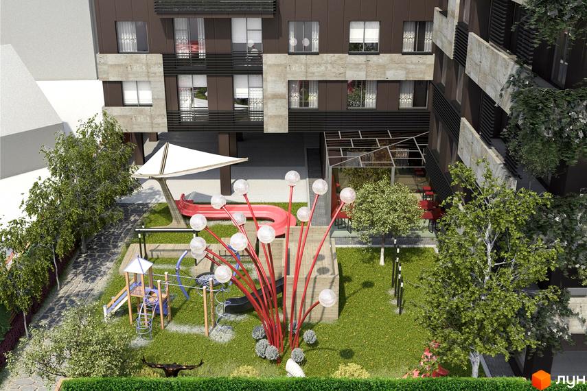 Простір на Кузнечній: новобудова з сучасним фасадом та дитячим майданчиком. Зелена прибудинкова територія з деревами та зонами відпочинку.