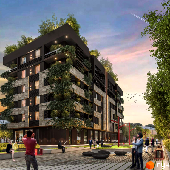 Простір на Кузнечній - житловий комплекс з оригінальним фасадом, оздобленим каменем та зеленню. Навколо будинку облаштований простір для відпочинку з лавками та деревами.