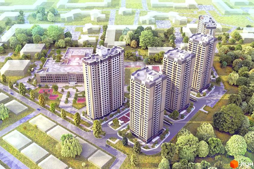 Високі будинки житлового комплексу на вулиці Крушельницької. Навколо будівель розташована прибудинкова територія з деревами та дорогою.