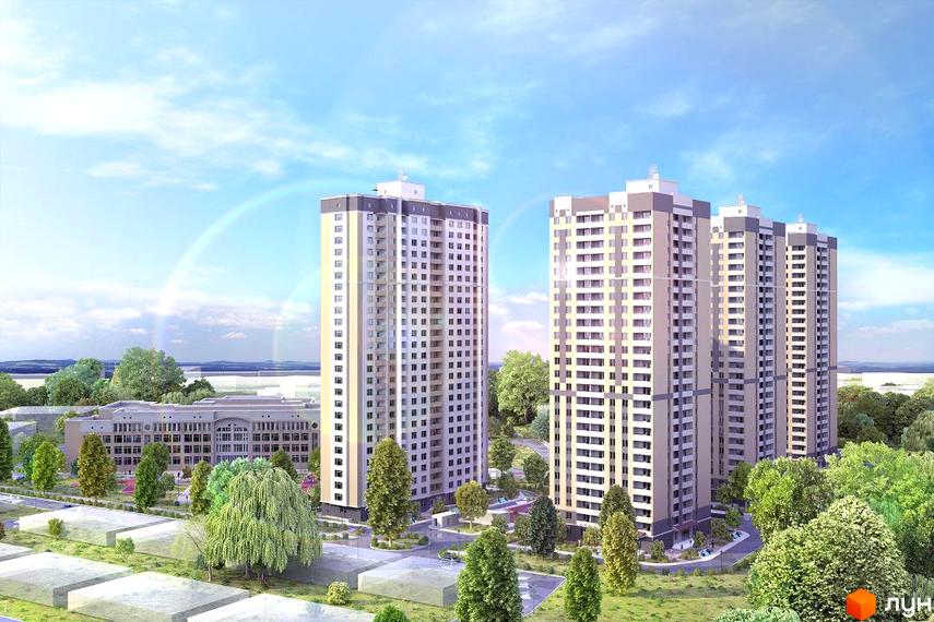 Високоповерхові будинки Житлового комплексу на вулиці Крушельницької, 13, 15, 15а, 15б, 15в з великою кількістю вікон. На території комплексу багато дерев та зелені.