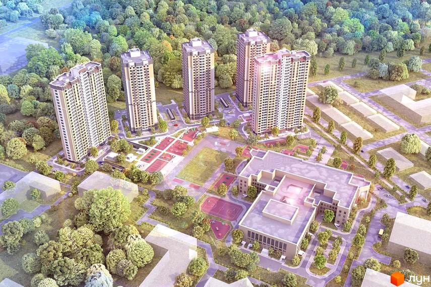 Житловий комплекс з висотними будинками та розвиненою інфраструктурою. На території комплексу розташовані спортивні майданчики та зелені зони.