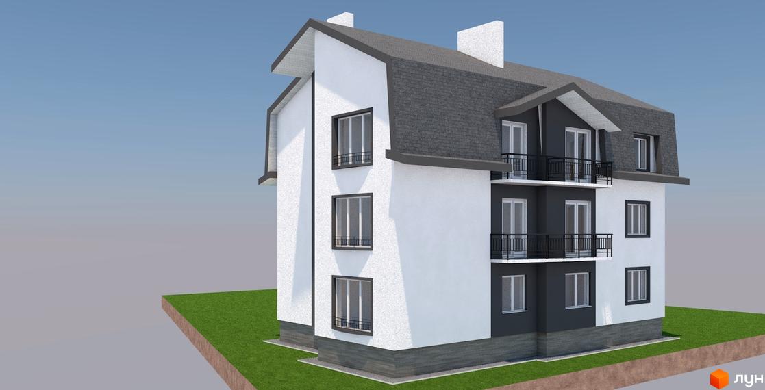 Будівельний проєкт LikeHouse: триповерховий будинок з сірим дахом, балконами та вікнами, на зеленому газоні.