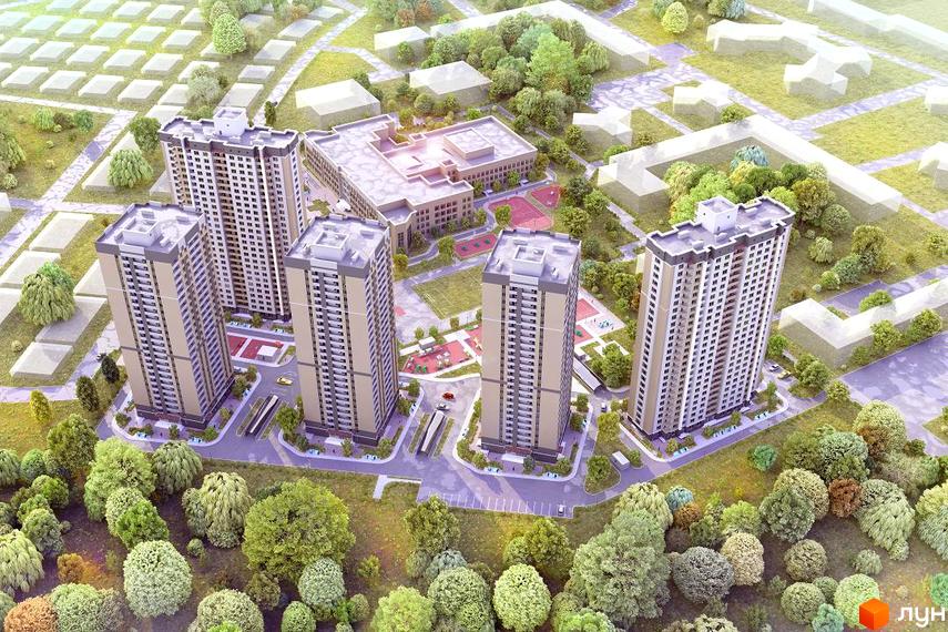 Зображення житлового комплексу з п'ятьма висотними будинками, розташованого серед зелені. На території комплексу є парковка та дитячий майданчик.