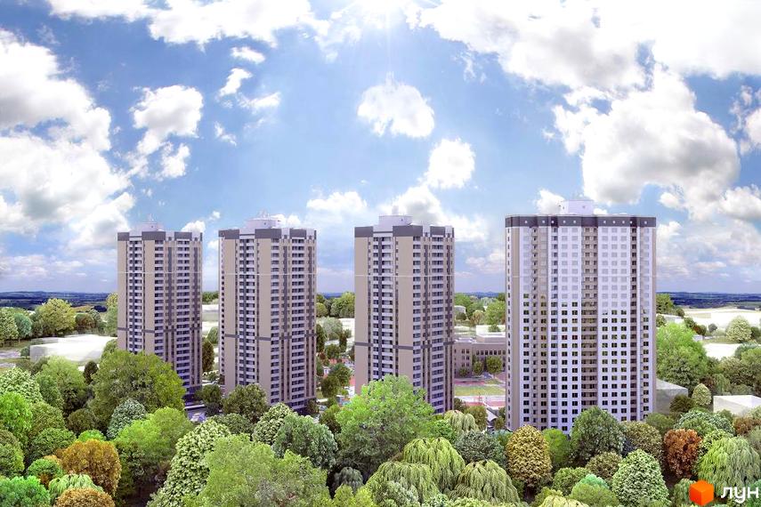 Високі будинки житлового комплексу на фоні блакитного неба з хмарами. На передньому плані зелені дерева та кущі.