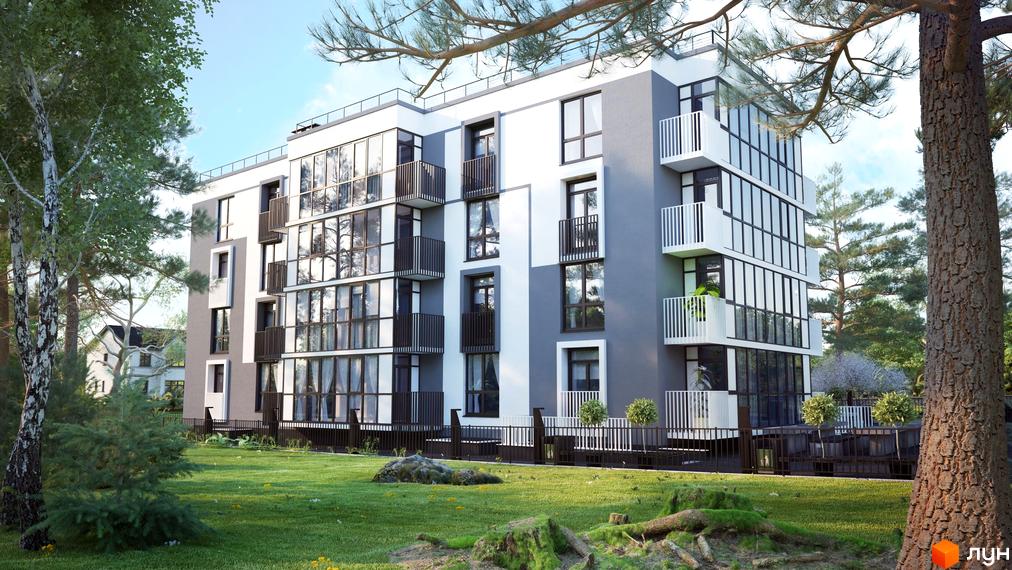 Зображення ЖК Hygge. Багатоповерховий будинок з панорамними вікнами та балконами, розташований на зеленій території з деревами та газоном.