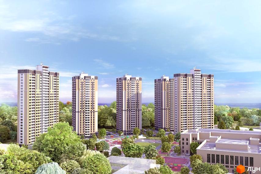 Вигляд житлового комплексу з висотними будинками. На території комплексу є зелені насадження та дитячий майданчик.