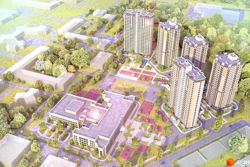 Візуалізація житлового комплексу з висотними будинками та прибудинковою територією з зеленими насадженнями, спортивними майданчиками та школою. Новобудова розташована по вулиці Крушельницької.