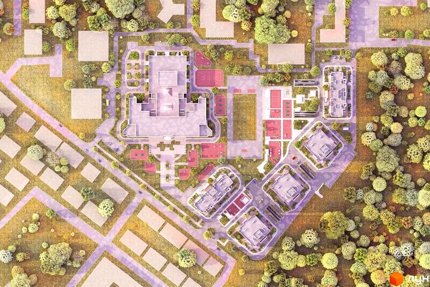 Вид зверху на житловий комплекс. На території розташовані будинки, спортивні майданчики та зелені зони.