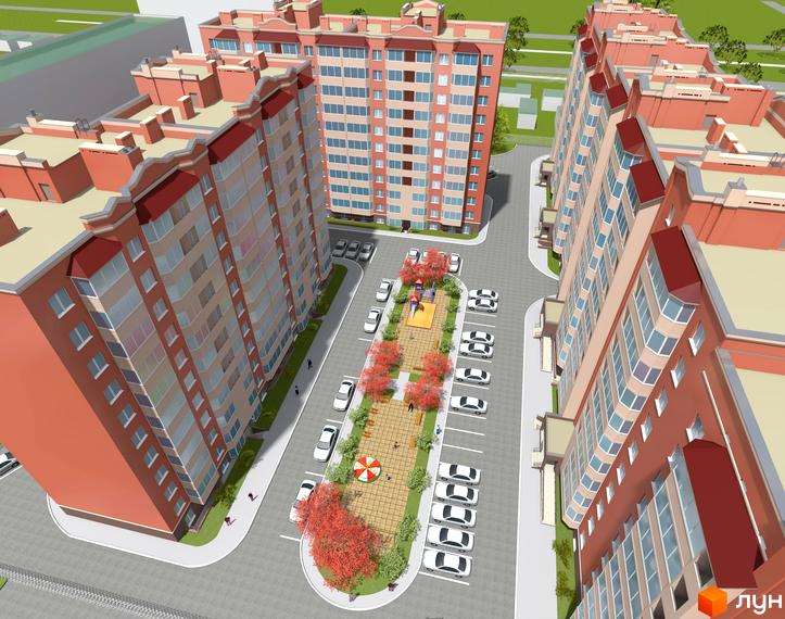 Житловий комплекс Никола-Град. Багатоповерхові будинки з червоною цеглою та скляними балконами. На прибудинковій території дитячий майданчик та парковка.